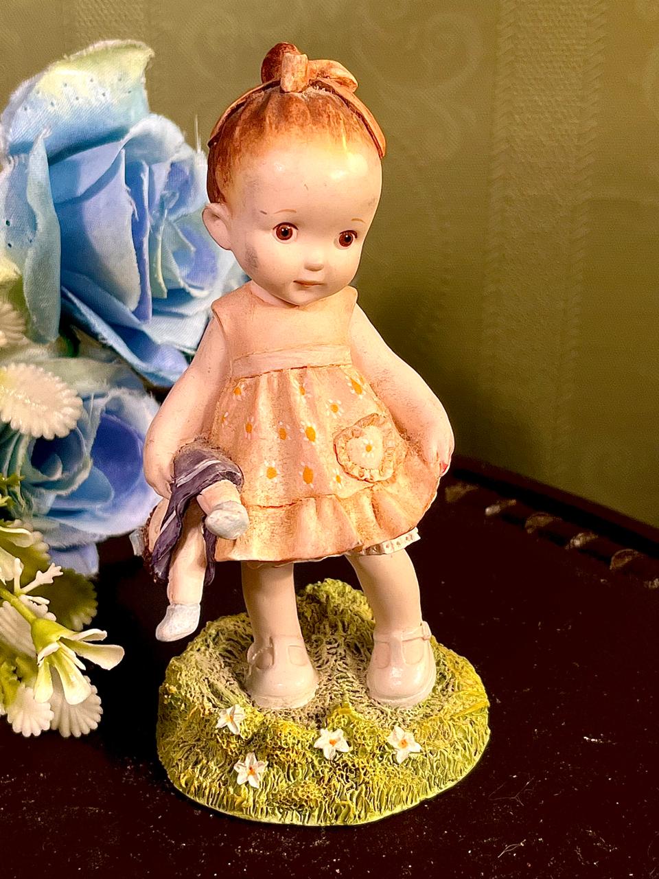 Girl Holding Doll Figurine Peach Dress 4.5 Inch