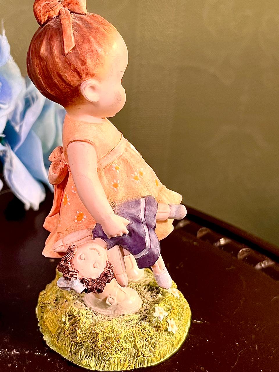 Girl Holding Doll Figurine Peach Dress 4.5 Inch