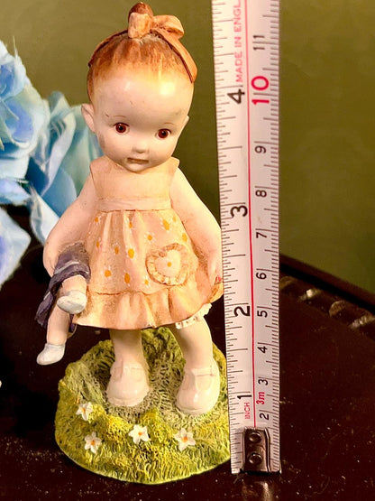 Girl Holding Doll Figurine Peach Dress 4.5 Inch