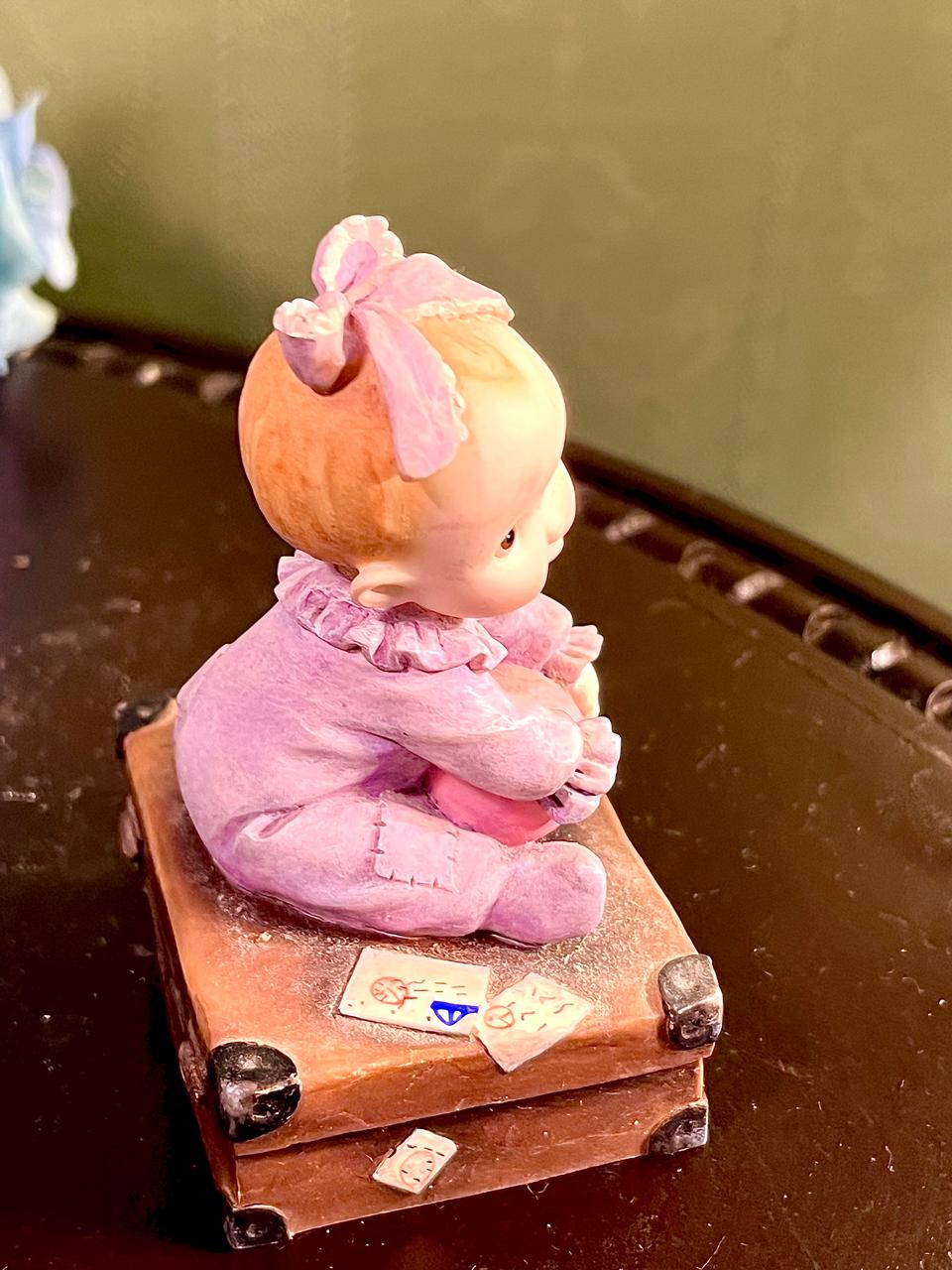 Baby on Suitcase Figurine Lavender Outfit 4 Inch