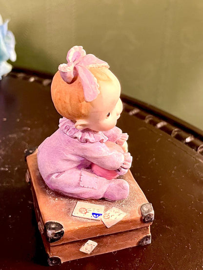 Baby on Suitcase Figurine Lavender Outfit 4 Inch