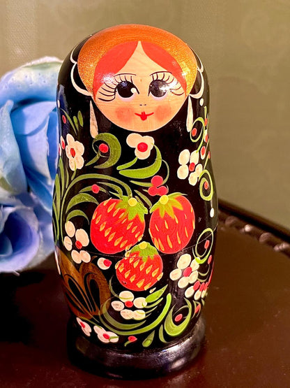 Black Floral Strawberry Nesting Doll 4.5 Inch
