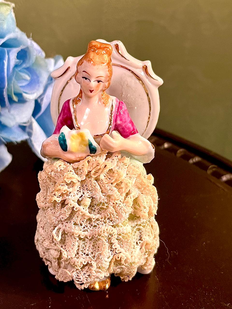 Victorian Lady Porcelain Figurine with Lace Dress & Chair 4 Inch