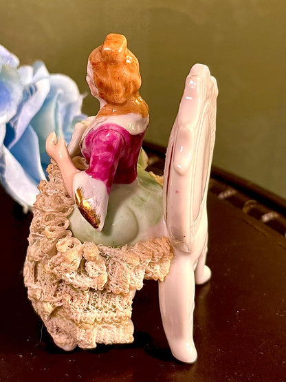 Victorian Lady Porcelain Figurine with Lace Dress & Chair 4 Inch