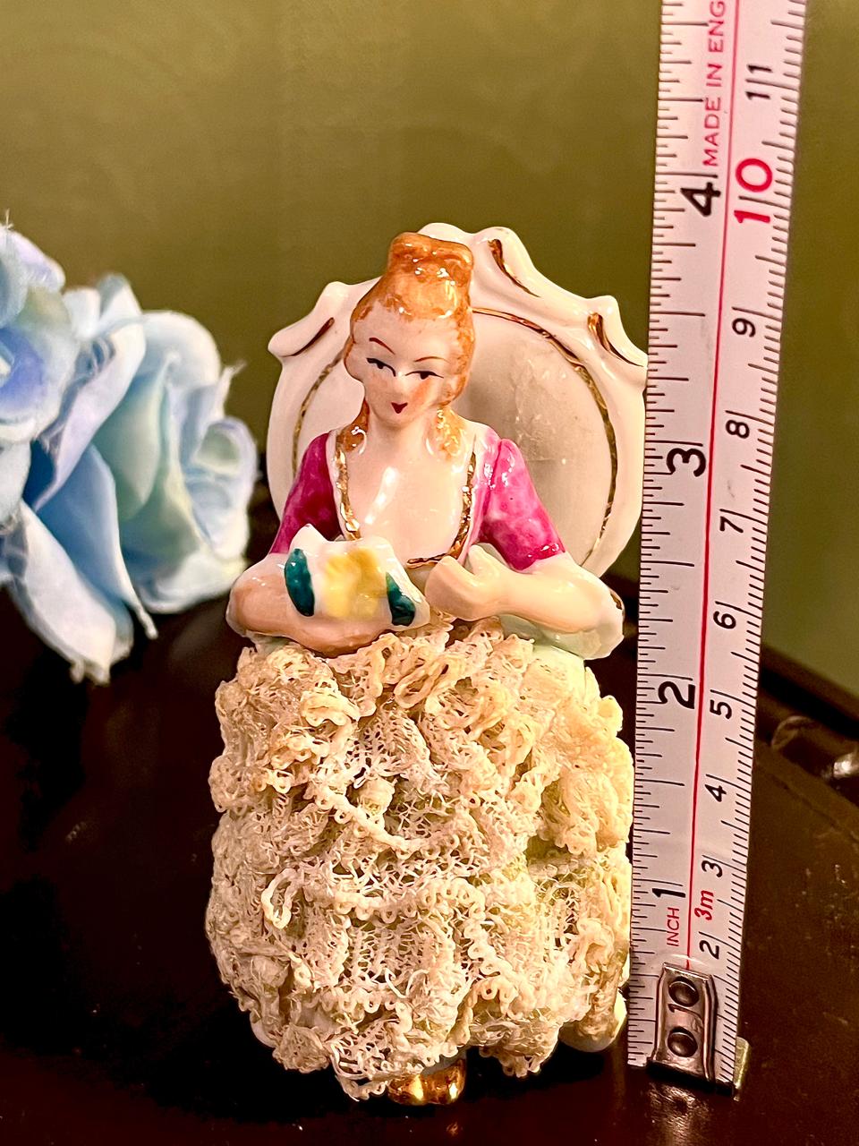 Victorian Lady Porcelain Figurine with Lace Dress & Chair 4 Inch