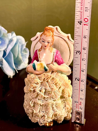 Victorian Lady Porcelain Figurine with Lace Dress & Chair 4 Inch