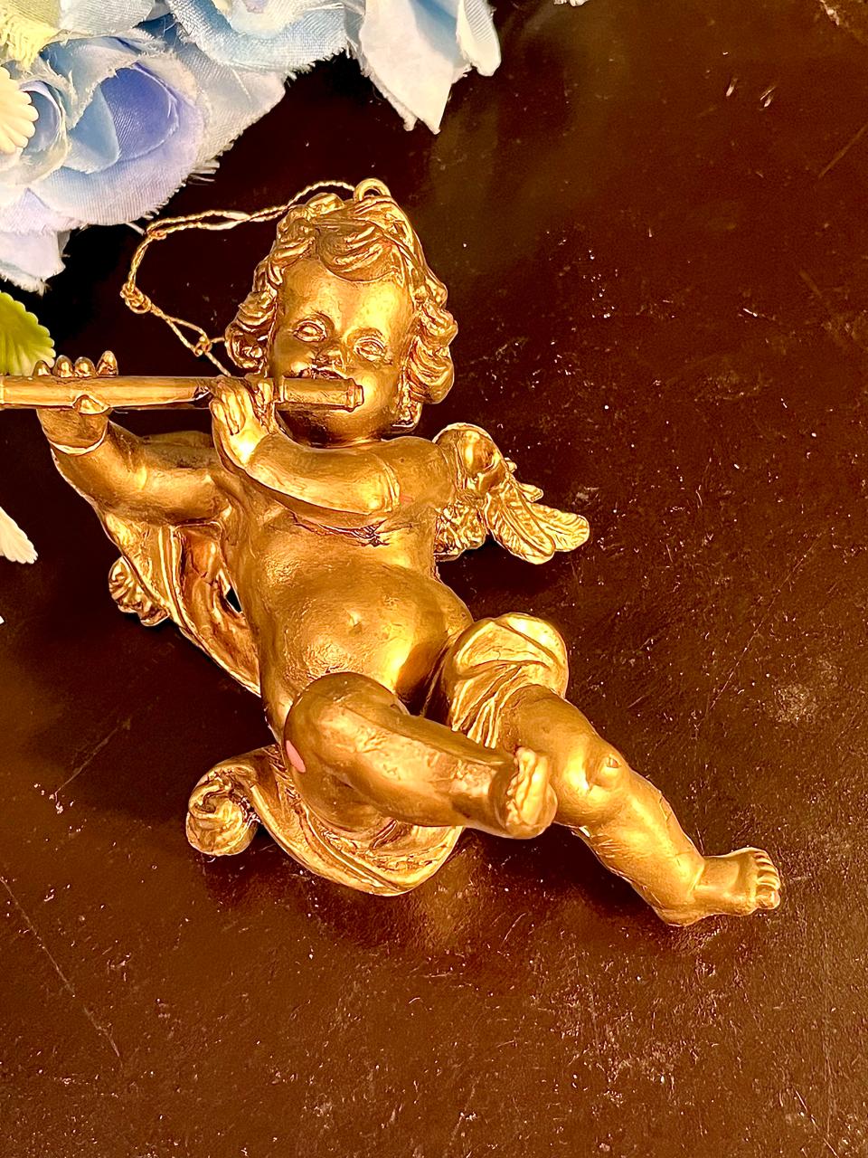 Gold Cherub Flute Wall Hanging Figurine 4 Inch