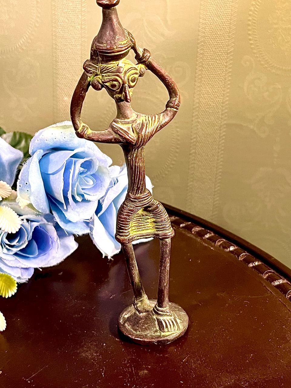 Abstract Woman Carrying Pot Figurine Bronze Tone 7 Inch