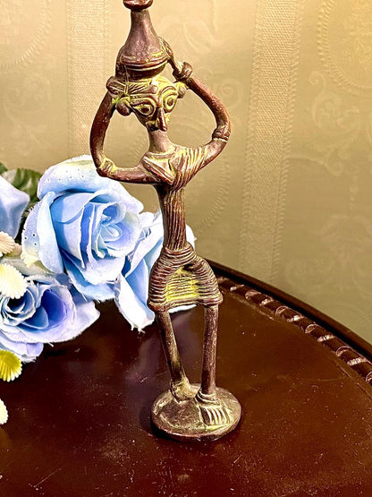 Abstract Woman Carrying Pot Figurine Bronze Tone 7 Inch