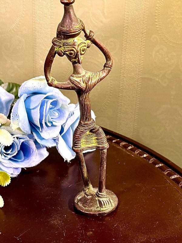 Abstract Woman Carrying Pot Figurine Bronze Tone 7 Inch
