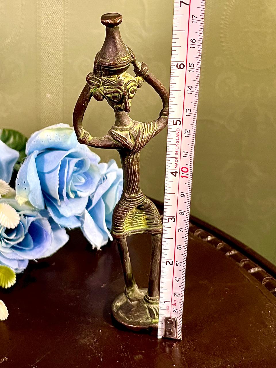 Abstract Woman Carrying Pot Figurine Bronze Tone 7 Inch