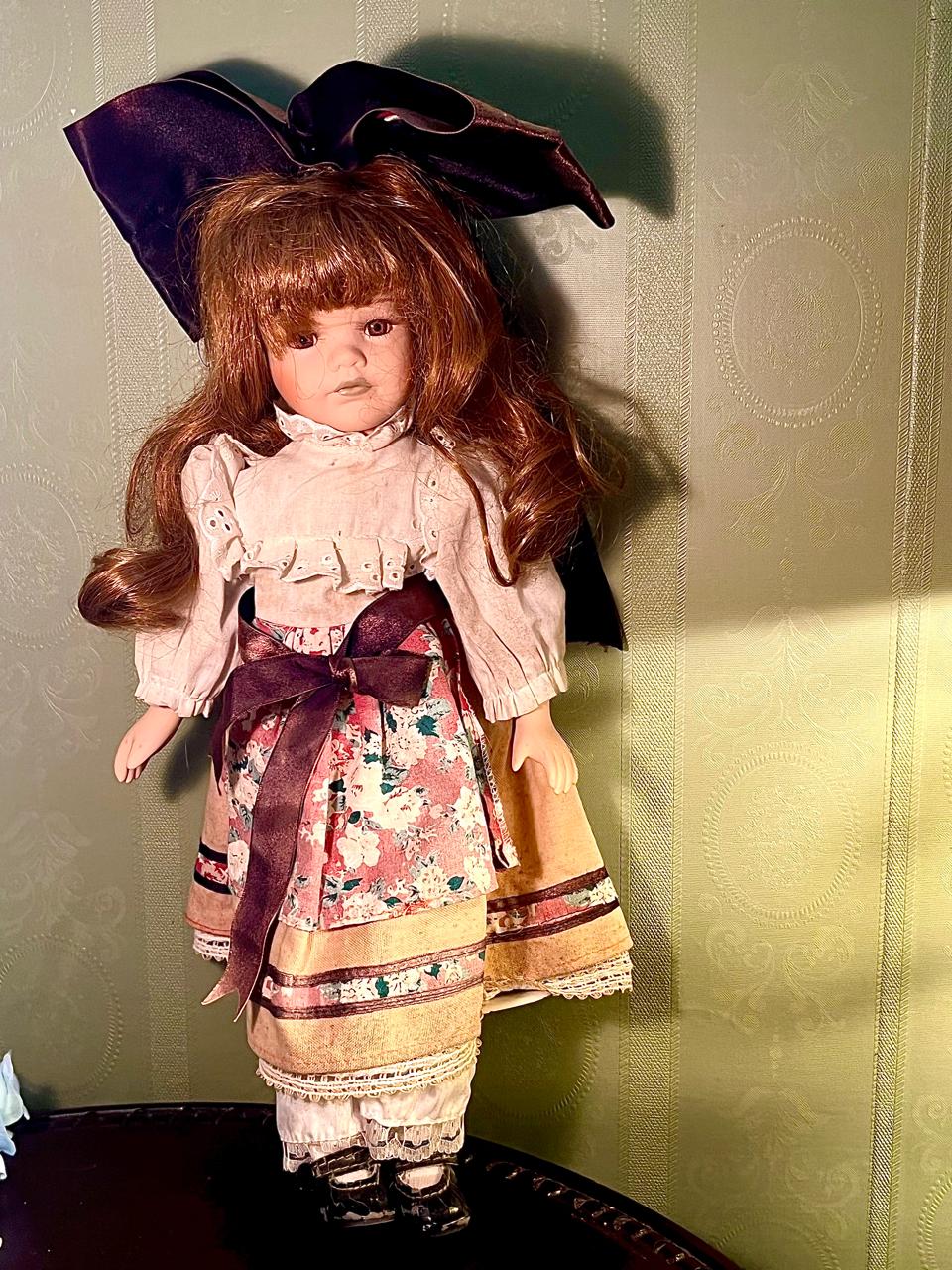 Brunette Decorative Girl Doll in Floral Dress, 16 Inches