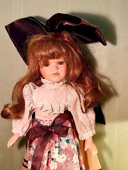 Brunette Decorative Girl Doll in Floral Dress, 16 Inches