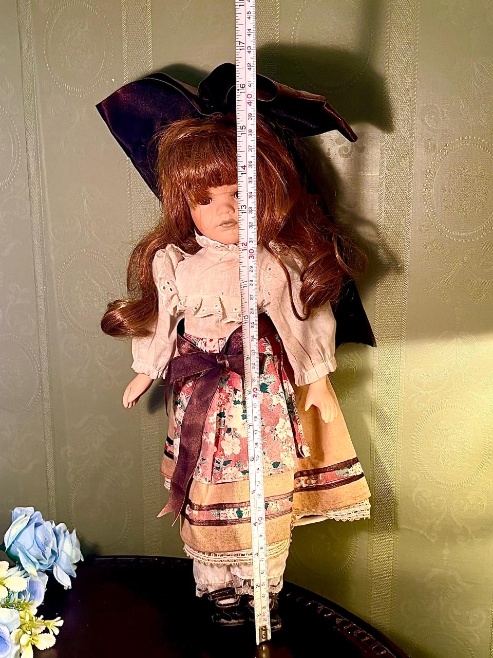 Brunette Decorative Girl Doll in Floral Dress, 16 Inches