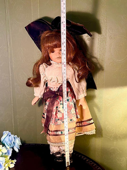 Brunette Decorative Girl Doll in Floral Dress, 16 Inches