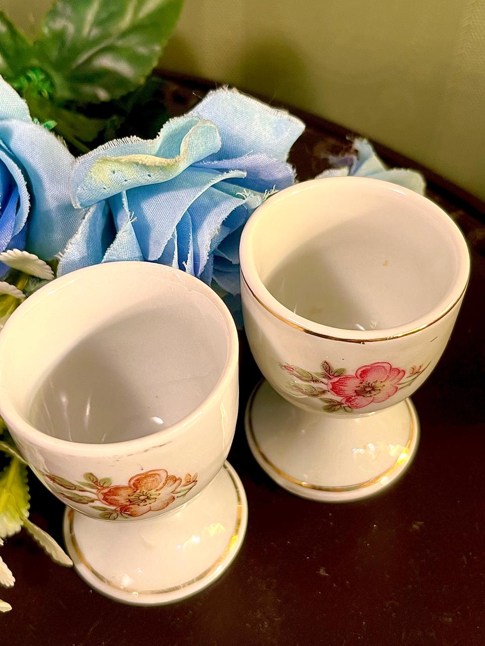 Floral Egg Cups Set of 2 White Porcelain