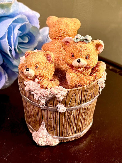 Bathing Bear Figurine with Wooden Tub, Approx. 4 Inches