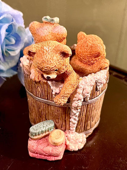 Bathing Bear Figurine with Wooden Tub, Approx. 4 Inches