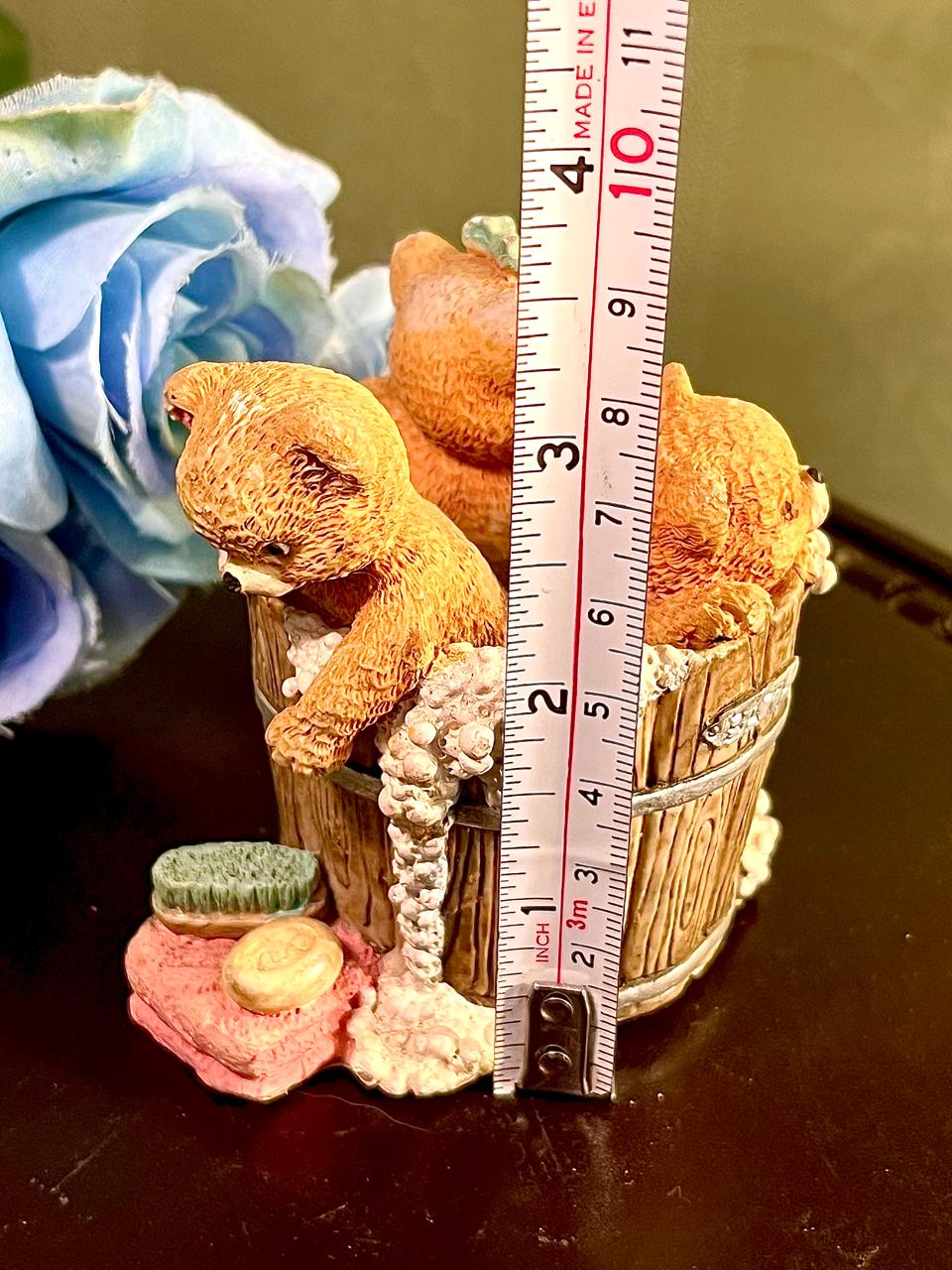 Bathing Bear Figurine with Wooden Tub, Approx. 4 Inches
