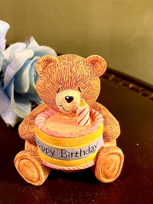 Happy Birthday Teddy Bear Cake Figurine, Approx. 3 Inches