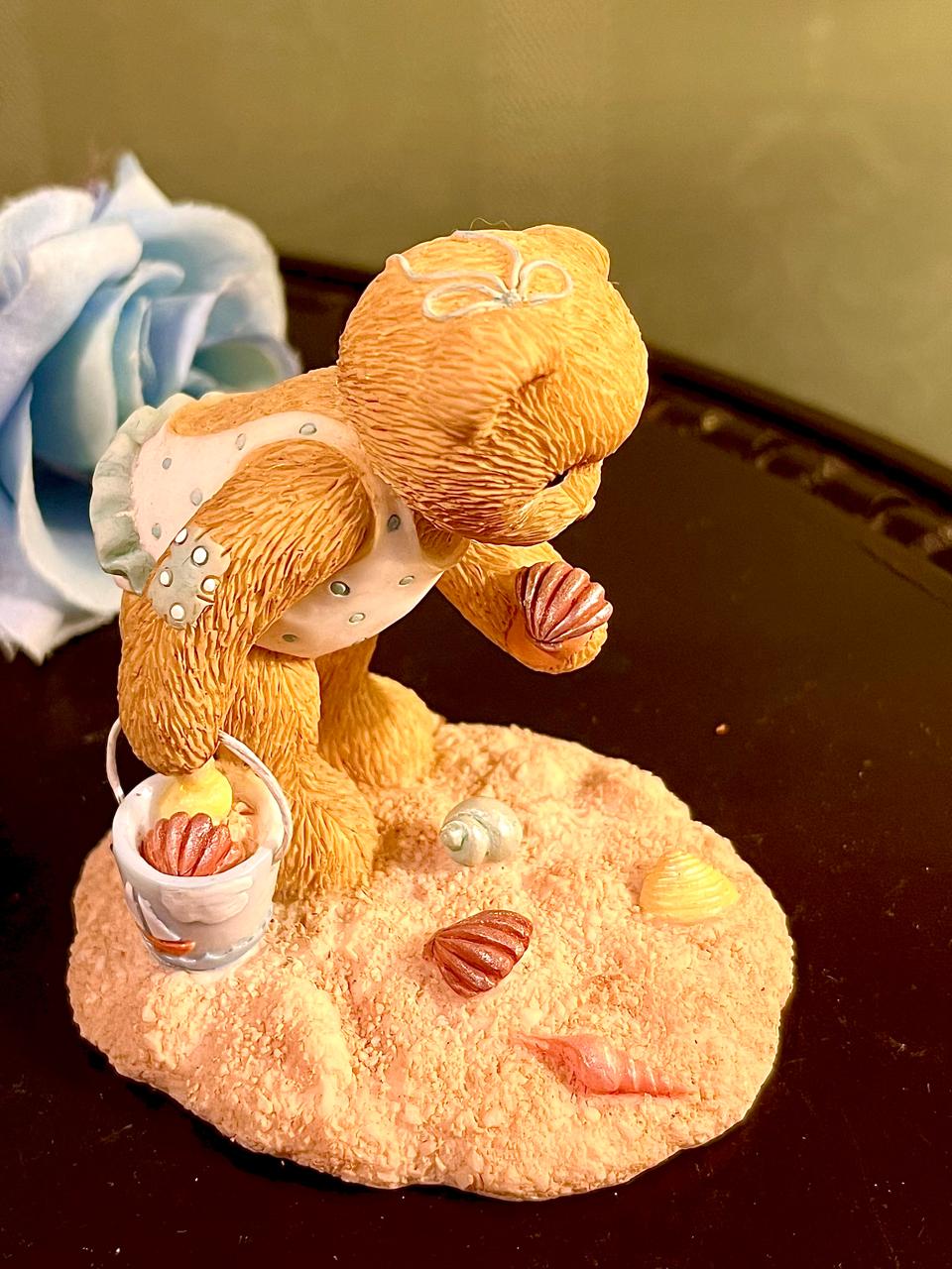 Beach Teddy Bear with Seashell Figurine, Approx. 3 Inches