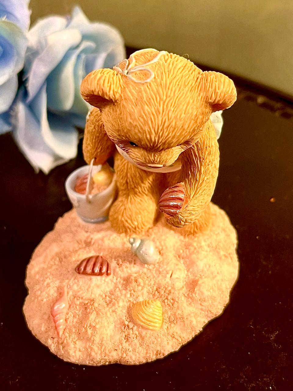 Beach Teddy Bear with Seashell Figurine, Approx. 3 Inches