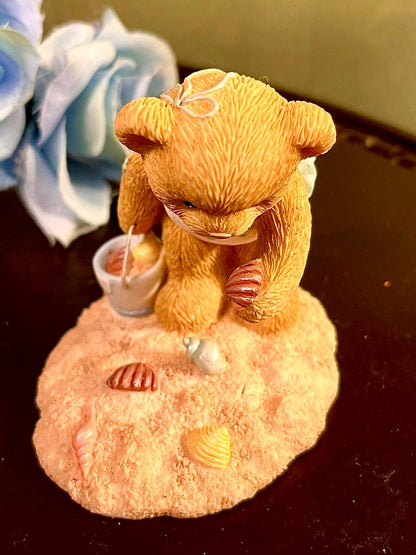 Beach Teddy Bear with Seashell Figurine, Approx. 3 Inches