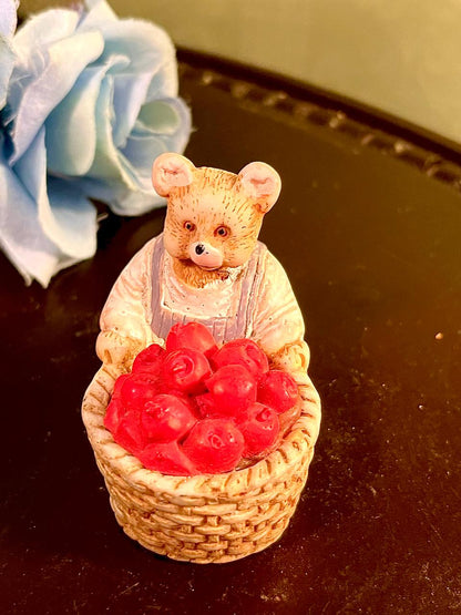 Teddy Bear with Apple Basket Figurine, Approx. 2.5 Inches