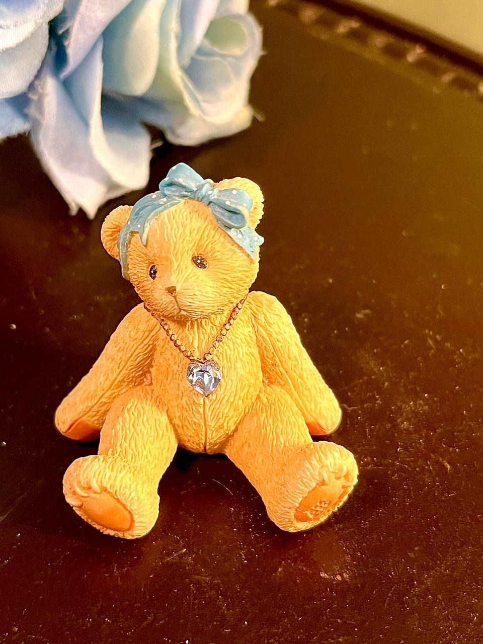 Teddy Bear with Blue Bow & Crystal Heart, Approx. 2 Inches