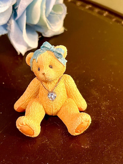 Teddy Bear with Blue Bow & Crystal Heart, Approx. 2 Inches