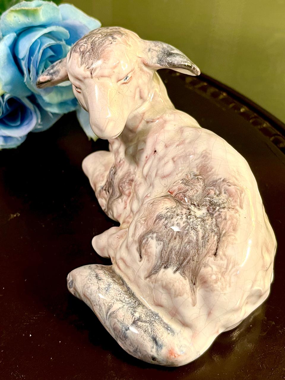Vintage Sitting Lamb Figurine, Large Ceramic Sheep Ornament, Approx. 4.5 Inches
