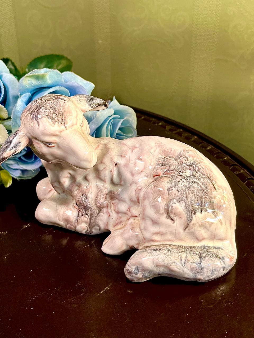 Vintage Sitting Lamb Figurine, Large Ceramic Sheep Ornament, Approx. 4.5 Inches