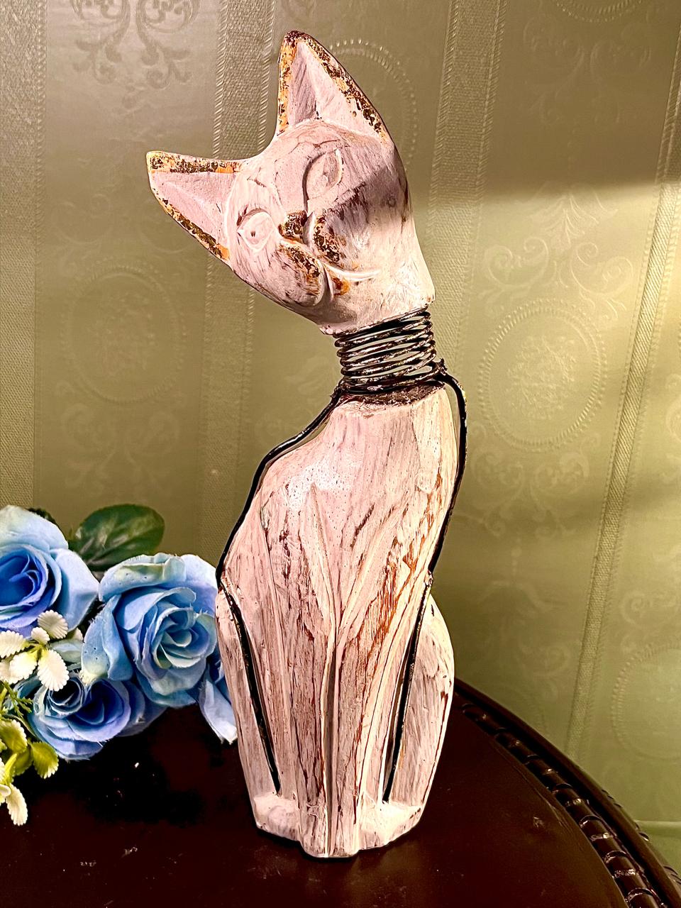White Cat Figurine with Metal Wire Detail, 11 Inches