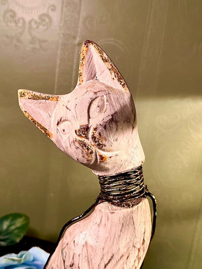 White Cat Figurine with Metal Wire Detail, 11 Inches