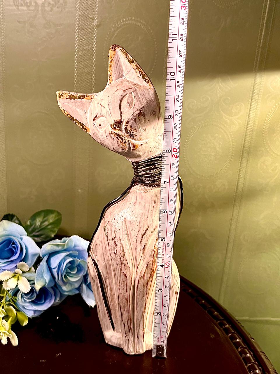 White Cat Figurine with Metal Wire Detail, 11 Inches