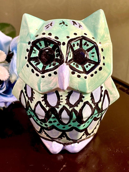 Mint Green Owl Figurine with Black Geometric Detail, 4.5 Inches