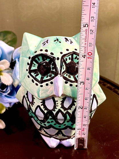 Mint Green Owl Figurine with Black Geometric Detail, 4.5 Inches