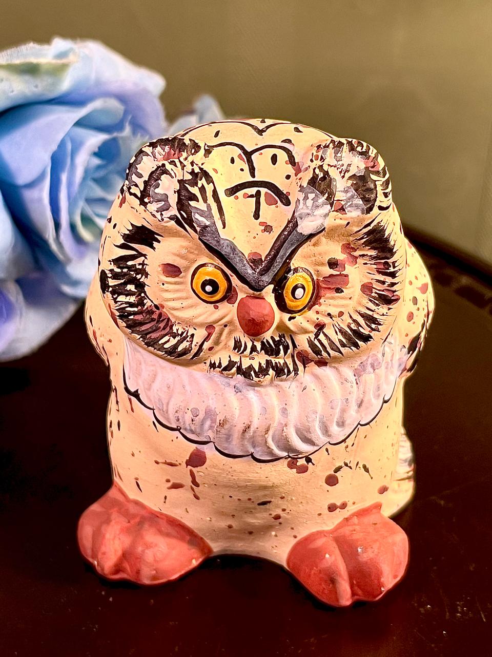 Cream Owl Figurine with Brown Feather Detail, 3.5 Inches