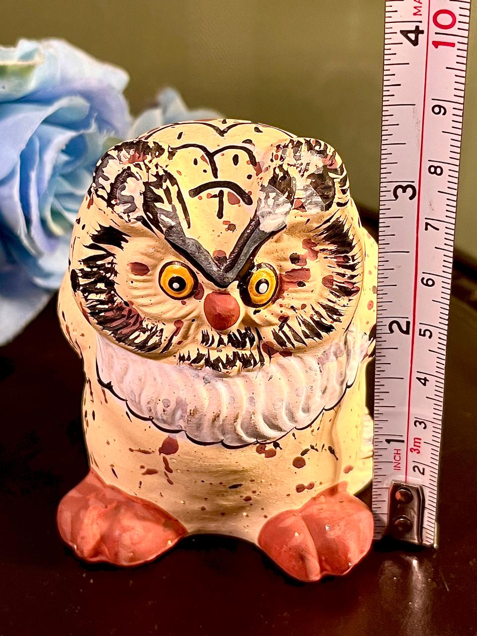 Cream Owl Figurine with Brown Feather Detail, 3.5 Inches
