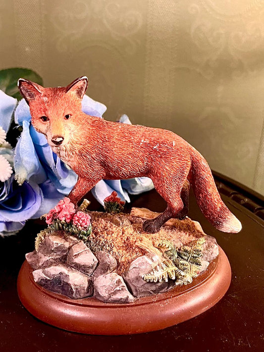 Red Fox Figurine on Floral Woodland Base, Approx. 4 Inches