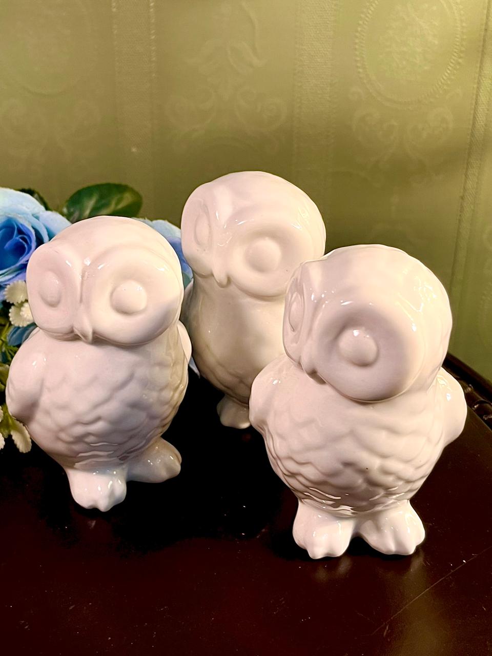 White Ceramic Owl Figurines Set of 3, Gloss Finish, Approx. 4 Inches