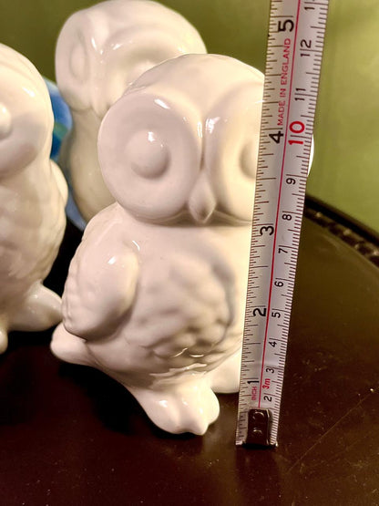 White Ceramic Owl Figurines Set of 3, Gloss Finish, Approx. 4 Inches