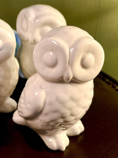 White Ceramic Owl Figurines Set of 3, Gloss Finish, Approx. 4 Inches