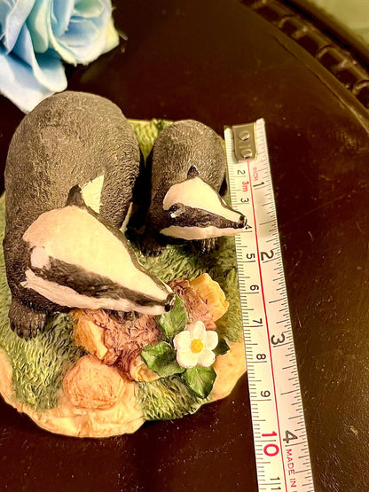 Badger Family Figurine on Floral Base, Approx. 4 Inches