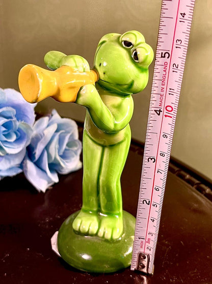 Green Frog Musician Figurine with Yellow Trumpet, 5 Inches