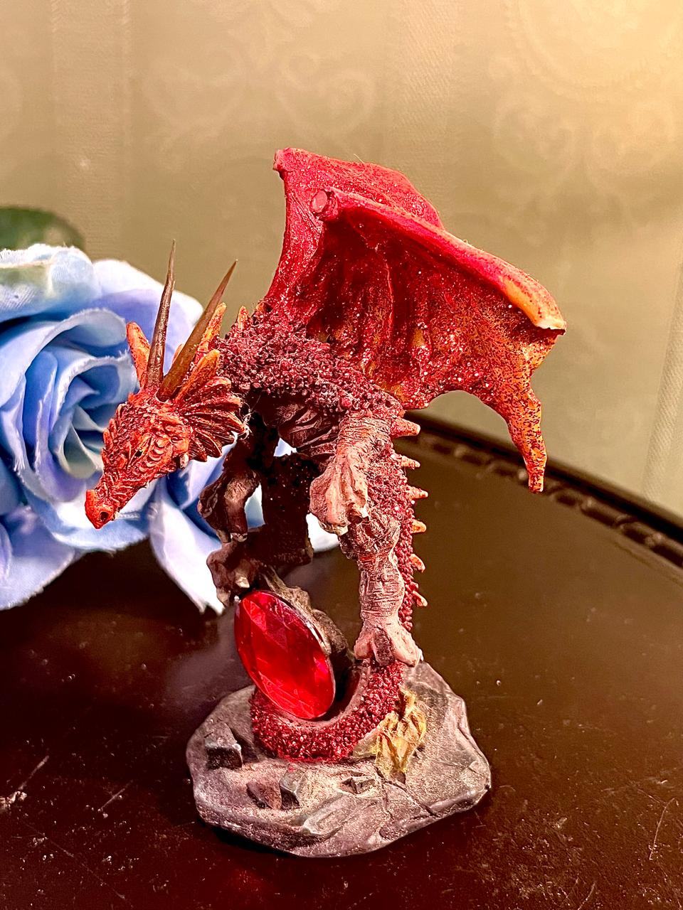 Red Dragon Figurine with Crystal Gem, Fantasy Collectible, Approx. 5 Inches