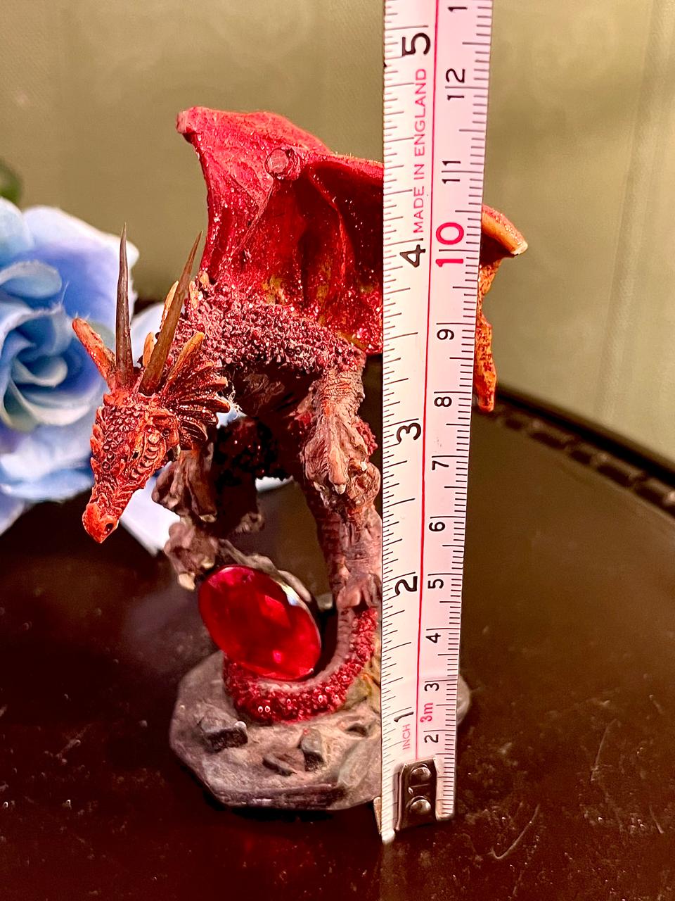 Red Dragon Figurine with Crystal Gem, Fantasy Collectible, Approx. 5 Inches