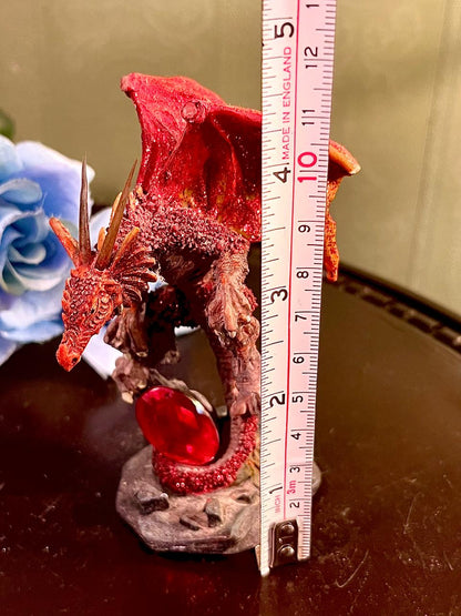Red Dragon Figurine with Crystal Gem, Fantasy Collectible, Approx. 5 Inches