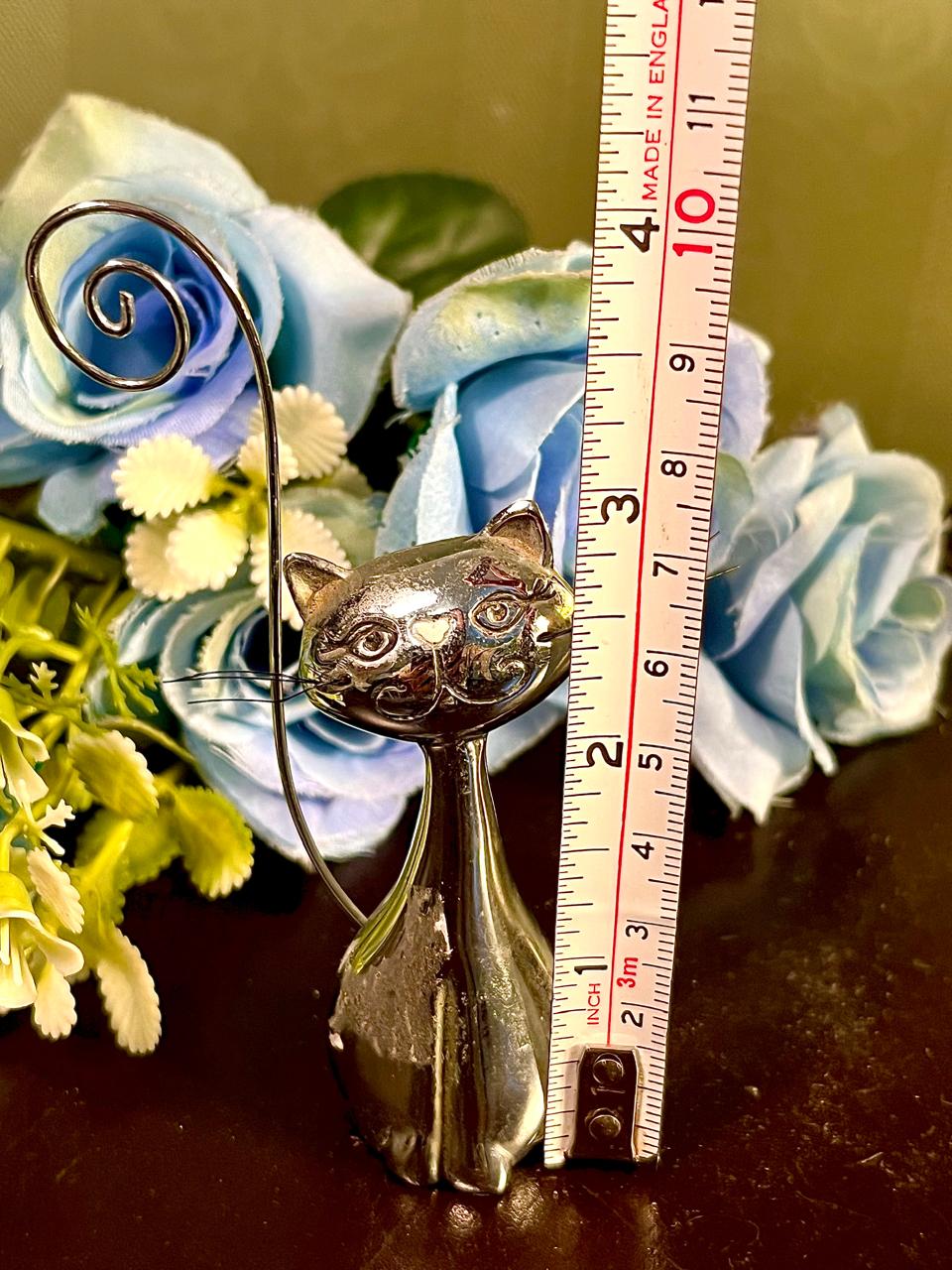 Silver-Tone Cat Figurine with Spiral Wire Tail, Approx. 4 Inches
