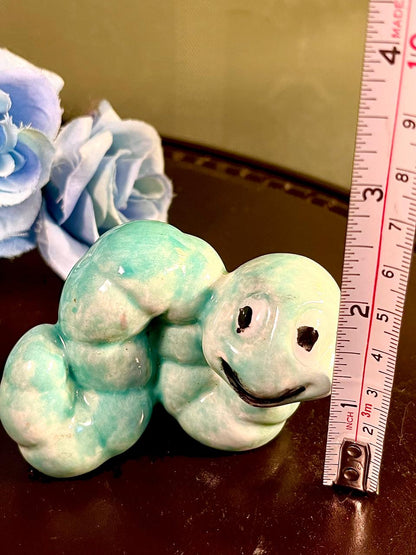 Cute Mint Green Smiling Caterpillar Figurine, Approx. 2.5 Inches